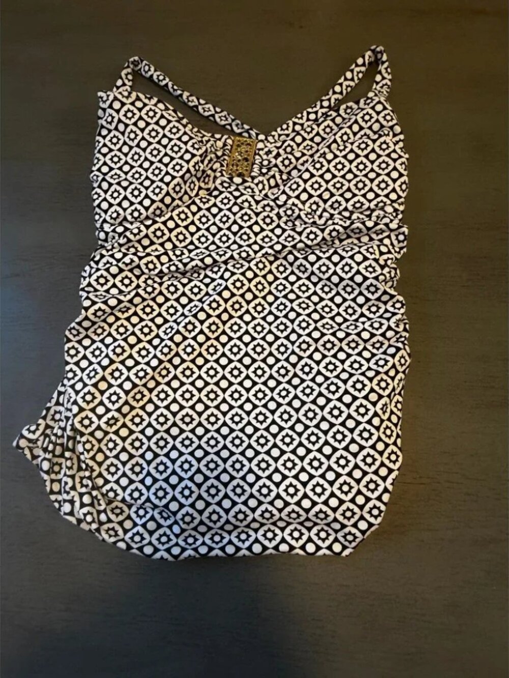 ❤️ 3/$12 Anne Cole Black White Geometric Gold Medallion Tankini Swim Top size 10